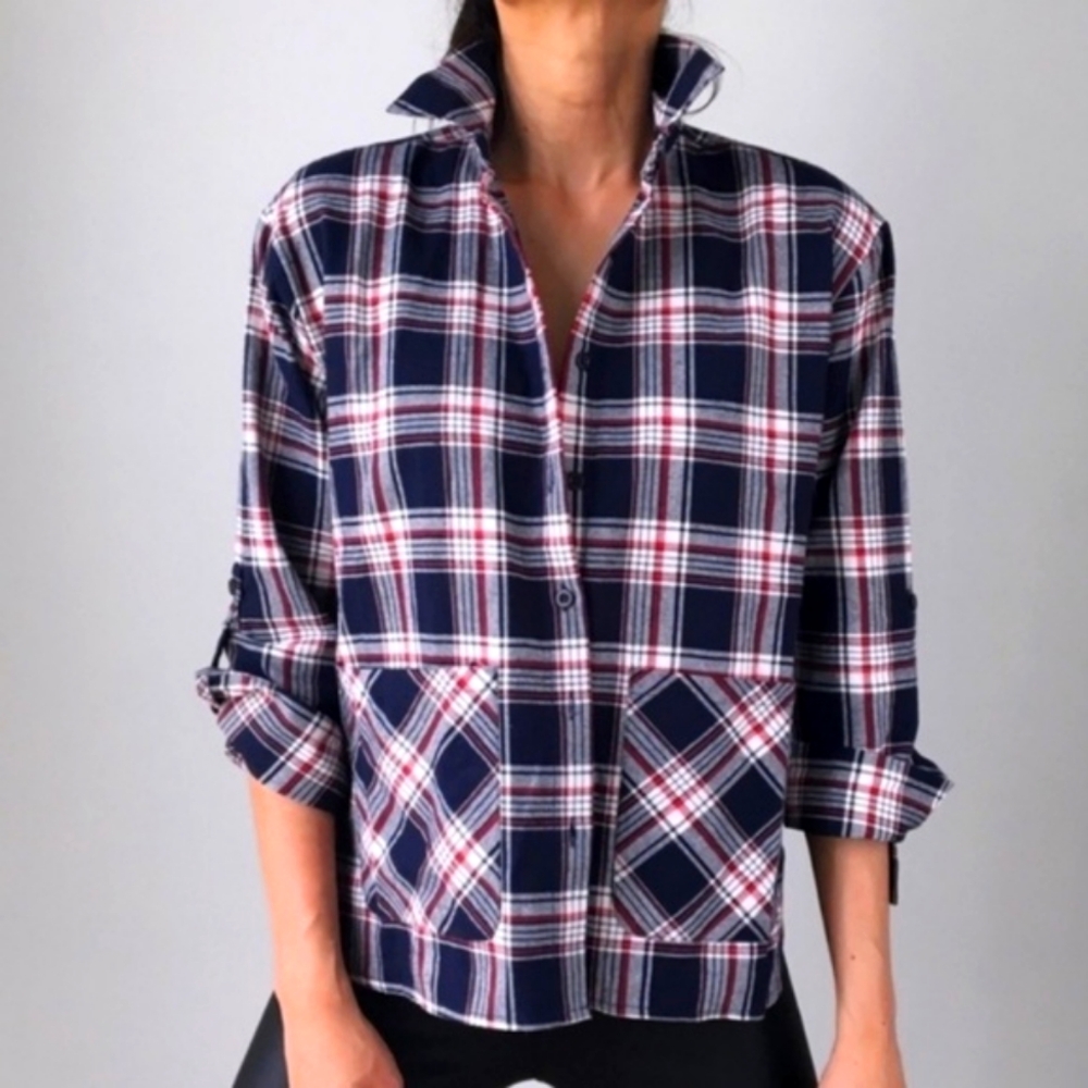 SHACKET Plaid Front Patch Pocket Shirt Jacket Shacket Navy Red NWT